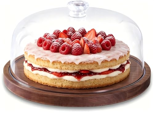Jenngaoo Soporte para Tartas con Tapa de Madera 12 Pulgadas Redondo, Bandeja para Postres 2 en 1 y Tabla de Charcutería con Cubierta Acrílico Grande para Quesos, Chips, Salsas, Nac