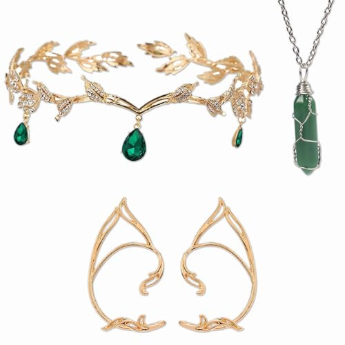BrKern 3 Stück Elfen Kostüm Damen Zubehör Set mit Elfenohren, Elfen Schmuck, Elfenkrone Stirnband, Kristall Halskette und Spitzenhandschuhen, Renaissance Kostümset Damen, Waldfee Accessoires