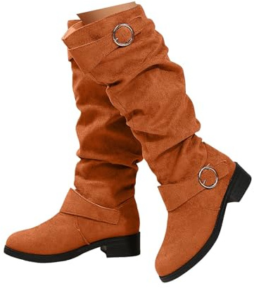 Xbemkste västerländska stövlar dam mocka stövlar eleganta långa stövlar veckade bältesspänne knähöga stövlar höga cowboystövlar vinterstövlar slip-on damstövlar, apelsin, 37 EU