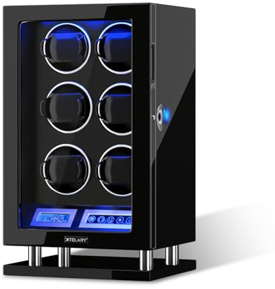 XTELARY Uhrenbeweger, Fingerabdrucksperre Automatischer Uhrenbeweger für 3/4/6/8//9/12 mit LCD-Touchscreen, Fernbedienung, Blauer LED, Leisem Motor und Verstellbaren Uhrenkissen für Herren und Damen