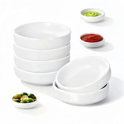 6 cuencos de cerámica para salsas, cuencos pequeños para salsas, juego de cuencos redondos de 9 cm, cuencos redondos para salsa de soja, cuencos blancos para salsa, juego de cuencos de buceo, mini