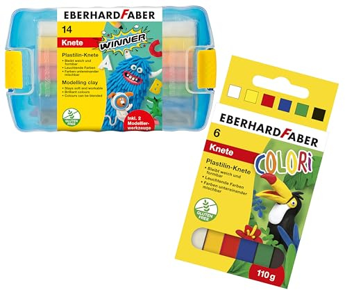 EBERHARD FABER 572010 - Plastilin Knete Winner, 14er Kunststoffbox mit 7 leuchtenden Farben und 2 Modellierwerkzeugen (14er Kunststoffbox + 6 Rollen Ersatzknete)