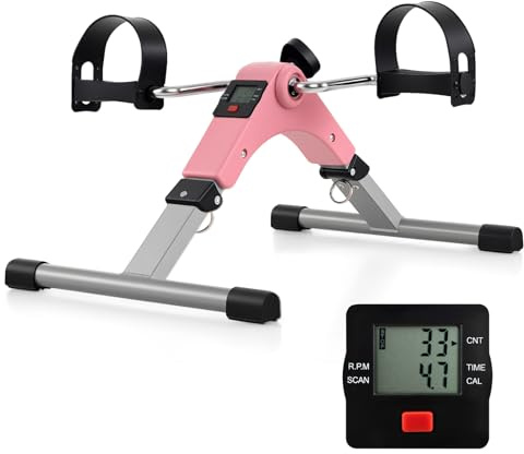 GYMAX Pedal Exerciser, Under Desk Bike Foldable with LCD Display for Arms & Legs Workout, Portable Mini Exercise Bike for Seniors Office Home Fitness (Pink)