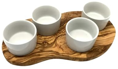 Pandiswelt Olivenholz Servierbrett mit 4 Schälchen – Antipasti- & Tapasplatte 30–35 cm – Snack- & Dip-Set aus Holz als Geschenkidee