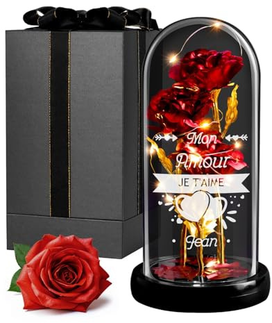 Maverton Rose Eternelle sous Cloche en Verre avec Personnalisation | Fleur Eternelle Cadeau Maman, Rose Rouge Artificielle 21x11 avec Lumière LED, Idee Cadeau Femme Original, St Valentin