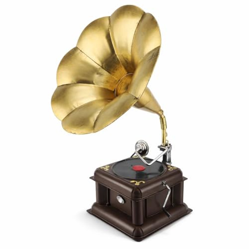 Jiawu Vintage-Phonograph-Modell, Multifunktionaler Retro-Grammophon-Plattenspieler aus Eisen für die Anzeige Im Schlafzimmer (Bronze)