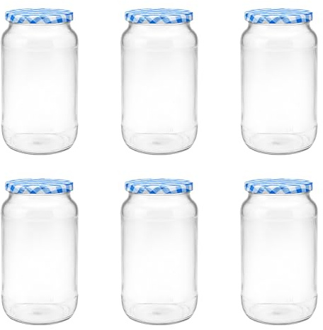 hocz 6x Einmachgläser 1 Liter | mit Deckel Blau Kariert TO 82 | leere Gläser mit Schraubdeckel zum befüllen 1 L | 1000 ml Sturzgläser, Schraubgläser, Marmeladengläser Set | 6 Stück