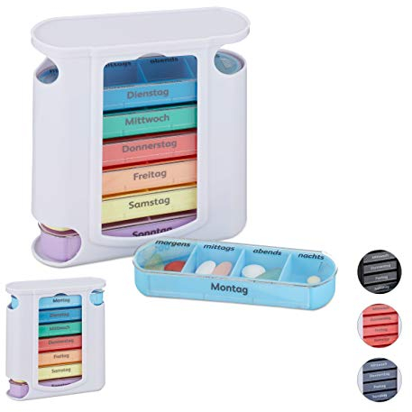 Relaxdays 2X Pillendose 7 Tage im Set, wöchentliche Tablettenbox, 4 Fächer, morgens, mittags, abends, nachts, Pillenbox, weiß/bunt