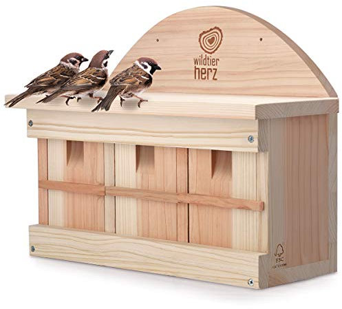 wildtier herz I Nistkasten für Spatzen, Sperlinge nach NABU I 42cm x 32,5cm x 17cm Nistkästen für Vögel aus Massiv-Holz I Spatzenhaus, Sperlingsnistkasten, Vogel Spatzenkolonie