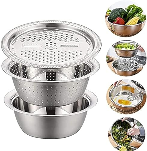 2020 - Cuenco multifuncional de acero inoxidable con rallador 3 en 1, cortador de verduras en juliana con cesta de drenaje, juego de colador de verduras y frutas