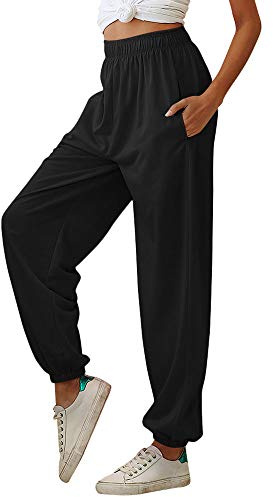 Nuofengkudu Femme Sarouel Jogging Pantalon Uni Ample avec Poches Elastique Taille Haute Baggy Fitness Tracksuit Bottoms Mode Classique Sport Harem Pants Danse Casual(Mince-Noir,2XL)