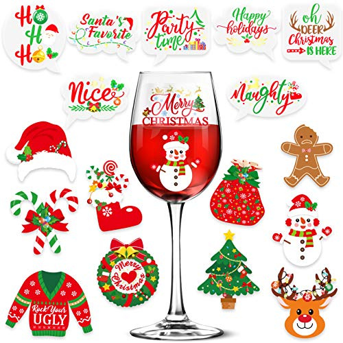 Qpout 36 Christmas Drink Markers - Wine Glass Charms Alternative, Static Cling Stickers, Champagne Cocktail Markers