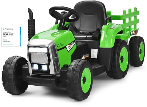COSTWAY 12V Tracteur Électrique Enfants avec Pelle & Remorque Amovible | Lumière LED & Musique & Klaxon, Télécommande 2,4G, 3-8km/h, Véhicule Électrique à 6 Pneus pour Enfants de 3 Ans+