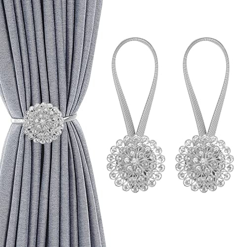 GDWD Magnetische Kristall Blume Vorhang Raffhalter,Dehnbare Vorhang Raffhalter Schnalle mit Federseil Dekorative Vorhanghalter Gardinenhalter Fensterdeko für Home Büro (2 Stück, Silber)