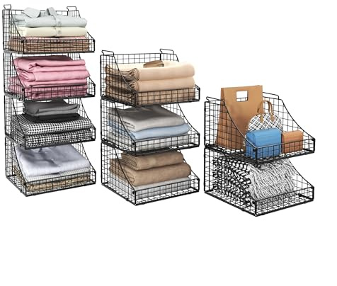 Lyuwanxian 4-Pack Stackable Wire Baskets for Closet Organizers and Storage, Open Storage Bins for Clothes, Toys, and Snacks - Rustic Metal Closet Organizer and Shelves in Black