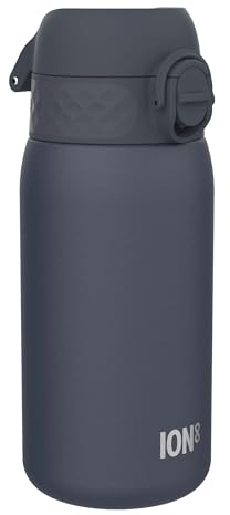 Ion8 Gourde Enfant, Inox Léger, 400ml, Non Isolé, Anti-Fuite, Facile à Ouvrir, Verrouillage Sécurisé, Lavable au Lave-Vaisselle, Poignée de Transport, Acier Inoxydable, Bleu Marine Cendré