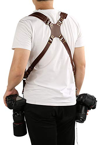 Doppia Cinghia per Fotocamera, Tracolla per Fotocamera per Due Fotocamere, Imbracatura per Fotocamera Doppia in Pelle di Alta Qualità Regolabile Default