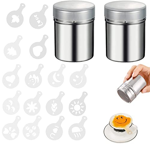 16 Piezas Plantillas Decorar Cafe 2 Piezas Espolvoreador Cacao Coctelera de Polvo de Acero Inoxidable Decoracion de Cafe Plantillas para Capuchino Chocolate Caliente Tartas Arte de Café