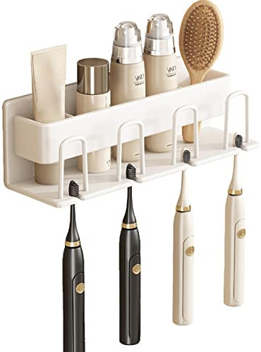 LANMOU Portaspazzolini Elettrico da Bagno, Acciaio Inox Porta Spazzolino da Muro, Bianco Porta Spazzolino Elettrico per Bagno con 4 Bicchieri di Plastica, 4 Slot per Spazzolino, per Adulti e Bambini