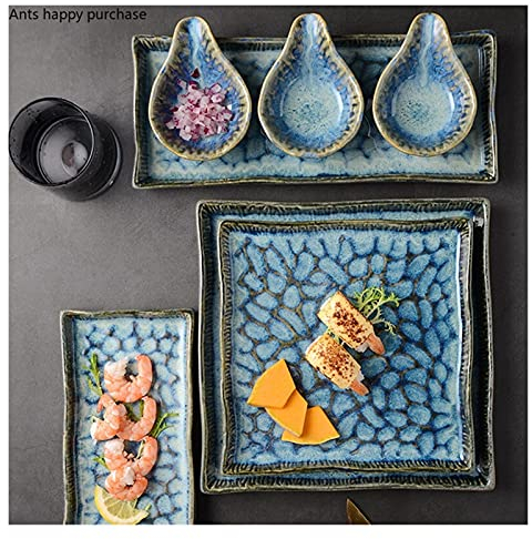 UCCE Platos Llanos Plato Rectangular de Sushi Plato de cerámica Azul Plato Cuadrado de bistec Occidental Vajilla para el hogar Platos Platos Llanos Plato de Sabor (Rectangula