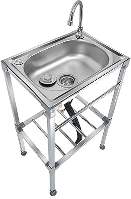 Set Di Lavandino In Acciaio Inox Mobile, Lavello Da Cucina 1 Vasca, Rubinetto Dell'acqua Calda e fredda, Giardino Da Esterno Lavando Lavello (48x35x83cm)
