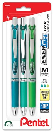Pentel EnerGel RTX Retractable Liquid Gel Pen, 0.7mm, Chill Hue, Turquoise, Green, and Lime Green Ink, Pack of 3 Pens (BL77CHIBP3M)