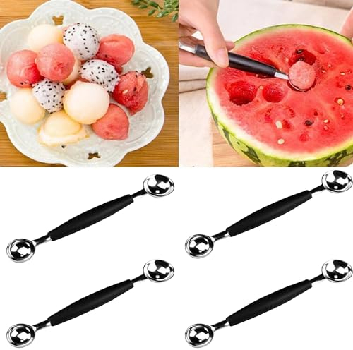 4Pcs Silver 2 in 1 Stainless Steel Melon Ballers Melon Scoop,Double-Sided Fruit Melon Baller Spoon, Suitable Watermelon Cantaloupe Ice Cream Comfortable Non-Slip Grip, Melon Ballers