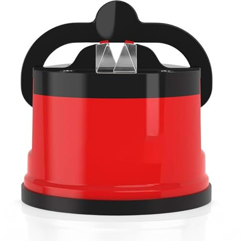 AEX Kitchen Knife Sharpener Hands-Free Safety Power Grip Suction Metal Sharpener Ideal for Hardened Steel Knives, Scissor & Serrated Blade Sharpener | Manual Knife Sharpening Tool Red