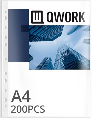 QWORK® 200 Unidades Fundas Transparentes A4, Fuertes 0.06mm, Funda de Plástico Perforada para Documentos