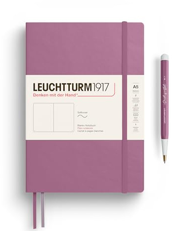 LEUCHTTURM1917 Notizbuch Medium A5, Softcover, Dusty Rose, blanko | 123 nummerierte Seiten, säurefrei, Fadenheftung, Lesebändchen, Falttasche