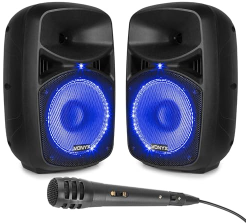 Vonyx VPS082A, PA Lautsprecher Aktiv Set, 400 Watt Party Lautsprecher Set mit Bluetooth und Mikrofon, PA Anlage Komplettset, 8 Zoll LED, USB, MP3, DJ Boxen, DJ Set Komplett, Schwarz