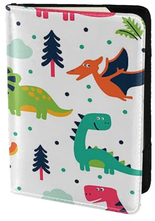 AABSTBFM Reisepasshülle aus Leder, Motiv: bunte Dinosaurier, 14 cm, Kartenetui für Damen und Herren, Schwarz , Einheitsgröße