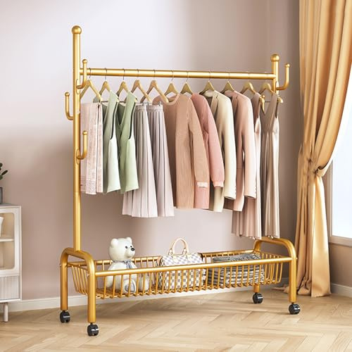 BVDHASDBT Kleiderständer Aus Metall, for Aufhängen Von Kleidung Mit Stabilen Rädern Und Regalen, Kleiderschrank-Garderobe Mit Unterem Regal for Schlafzimmer, Waschküche, Wohnzimmer(Gold,120cm)