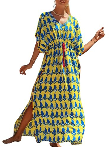 Bsubseach Kaftan klänningar för kvinnor plus size baddräkt täcker lång kaftan klänning med midja dragsko, Blå gul, one size