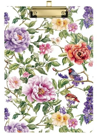 Klemmbrett mit Frühlingsblumen, Pfingstrosen, Lavendel, Vögel, weißes Acryl, A4-Größe, 31,8 x 22,9 cm, transparentes Klemmbrett mit flachem Profil-Clip für LKW-Fahrer, Coaching, Trade Quest