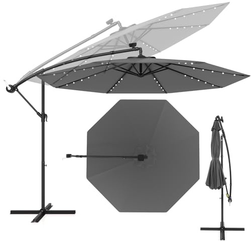 KOMFOTTEU Ombrellone da Giardino 3m con Luci Solari, Ombrellone da Patio Anti UV con Base Croce, Ombrellone a Manovella da Esterno con Regolazione Inclinazione per Cortile, Piscina (Grigio)
