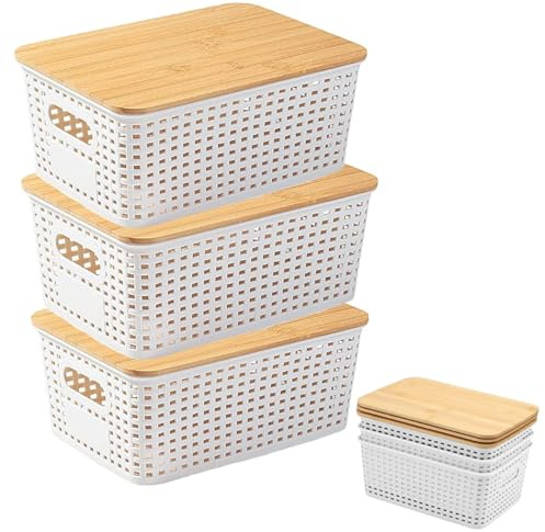 Confezione da 3 scatole portaoggetti con coperchio in bambù, 5 l, in plastica, contenitori impilabili con manici, per cucina, bagno, camera da letto, balcone, scaffali (bianco)