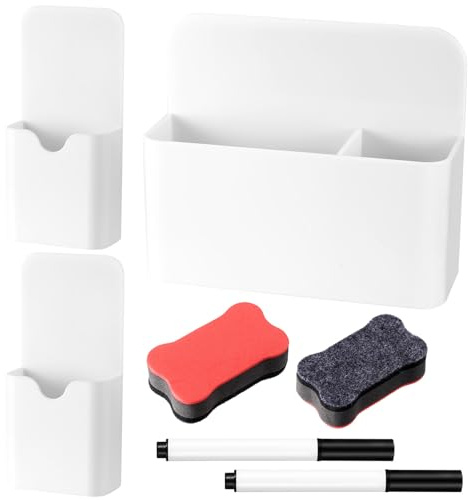 3 st magnetisk pennhållare, markerhållare för kylskåp, kontor och skola, med 2 magnetiska tavelsuddar och 2 pennor (2 storlekar, vit)
