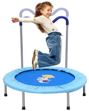Trampolín para Niños,Camas Elasticas con Asas Ajustables y Extraíbles y Cubierta Acolchada, Carga Máxima de 60KG,Cama Elastica Fitness Plegable Interior y Exterior,para niños de 3 a 6 años, Azul