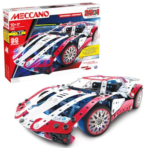 BANDAI - Meccano Supercar 25 in 1 - Kit di Costruzione 25 Modelli - 347 pezzi con motore 6V, LED, attrezzi, istruzioni - Kit Attività Supercar - Giocattolo Bambini 10+ - APM20105