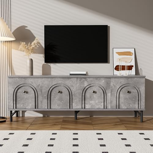 Merax Meuble TV moderne à 4 portes, 160 cm, élégant, facile à monter pour le salon, 160 x 38 x 55,5 cm, gris