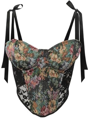 Corsetto rinascimentale da donna, stile vintage, con stampa floreale, corpetto intero con spalline steampunk, corpetto push up, corpetto medievale, camisole, Nero , Taglia unica