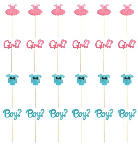 Lotsdonxia 24 Pcs Glitter Gender Reveal Cupcake Toppers – Baby Shower Cake Decorations with Tie Knot Bodysuits and Dresses for Boy or Girl Birthdays, Non-Edible Party Supplies