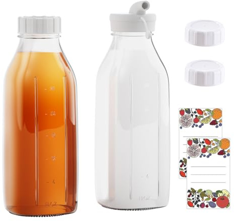 32 oz Glass Milk Bottles 2 Pack - Reusable Breastmilk Storage with Silicone Dispenser & Airtight Lid, Leak Proof Measured Jars for Juice, Fridge