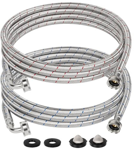KAINGA 12 FT Washing Machine Hoses with 90 Degree Elbow, Stainless Steel Braided Washer Hose Supply Line with 3/4 FHT Connectors for Long-Distance Residential Water Supply, Red & Blue, 2 Pack