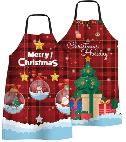 FunChaos 2 Pezzi Grembiule Natalizio Divertente Natale Grembiule da Cucina per Donne e Uomini Regolabili Grembiule da Cucina Impermeabile per Cucina Barbecue Feste di Natale Regalo a Quadretti