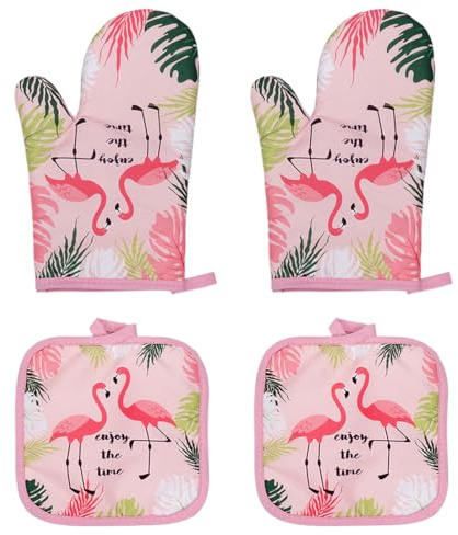 OUDQFCJ Set di Guanto da Forno e Presine Forno 4 Pezzi Flamingo Rosa Guanti Resistenti al Calore per Cucina, Cottura e Grigliata Design Tropicale