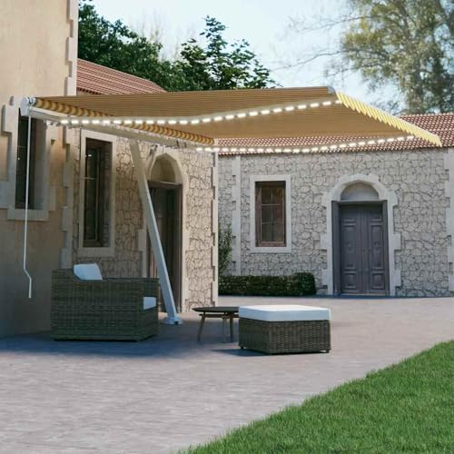 Tenda da Sole Retrattile Manuale con LED, Giallo e Bianco 400x300 cm, Alluminio e Tessuto Poliestere UV, Tendone da Esterno per Giardino Balcone Terrazzo