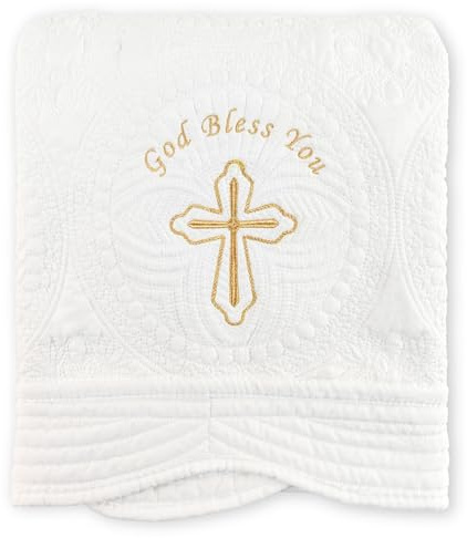 Pinuotu Embroidered Baptism & Christening Baby Blanket – Soft Quilted Cotton 33×45 in Heirloom Quilt for Boys & Girls, Scalloped Edges, Christian Keepsake with Gift Box