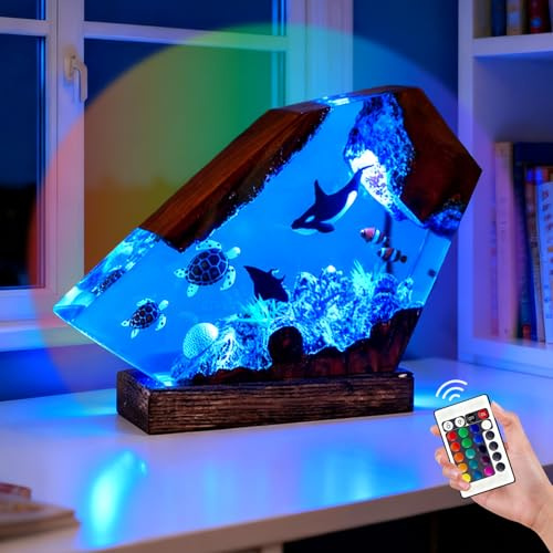 JIUYONG RGB Ocean Resin Lamp, Handmade Deep Sea Epoxy Lamp with LED Color Control, Creative Diver Night Light Desktop Decor for Diving Enthusiasts Gifts (A, 4 W x 6 H)